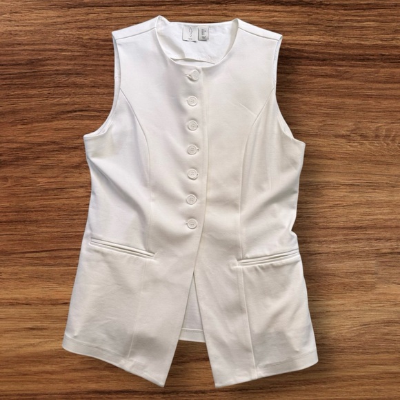 Joie Off White Sleeveless Long Button Front Vest Two Front Slit Pockets Sz L - Picture 1 of 11